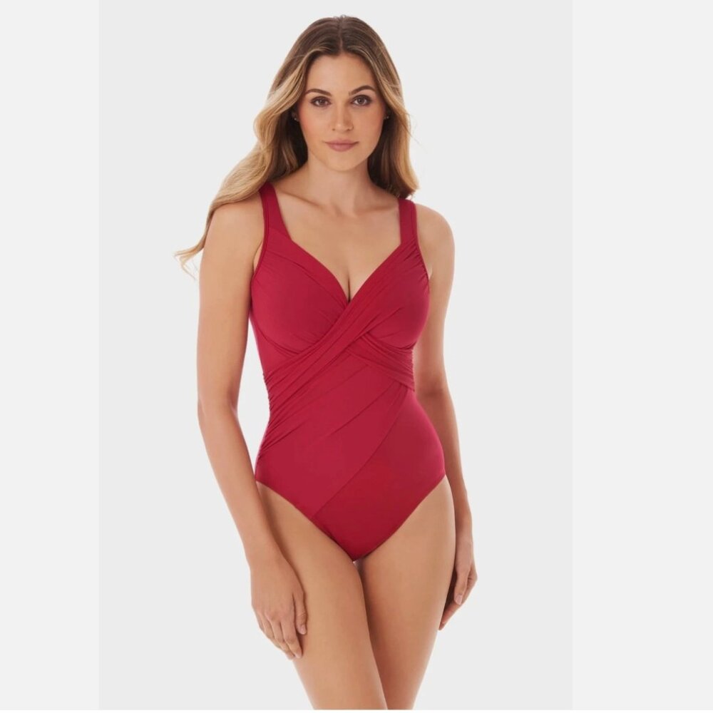 Miraclesuit Rock Solid Revele One Piece Red Swimsuit Underwire Size 12 DD Cup